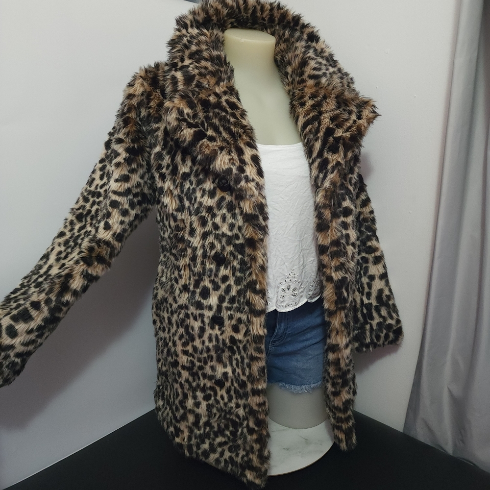 Aus12 Alice & You Faux Fur Leopard Print Collared Coat Jacket - Picture 9 of 16